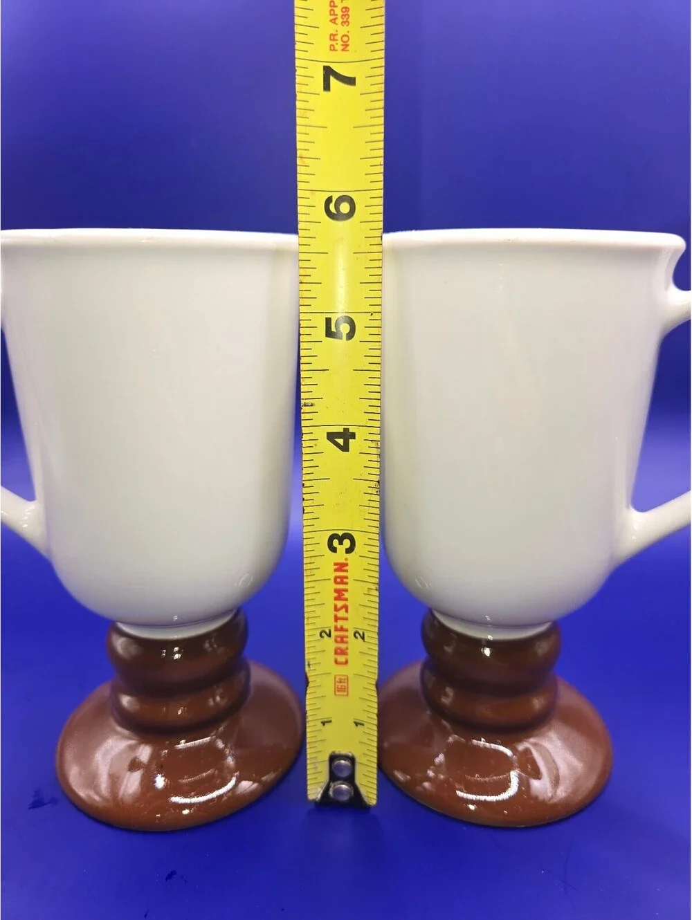 Pair of Vintage Hall Ceramic Pedestal Mugs Brown and White 7 Inch Tall
